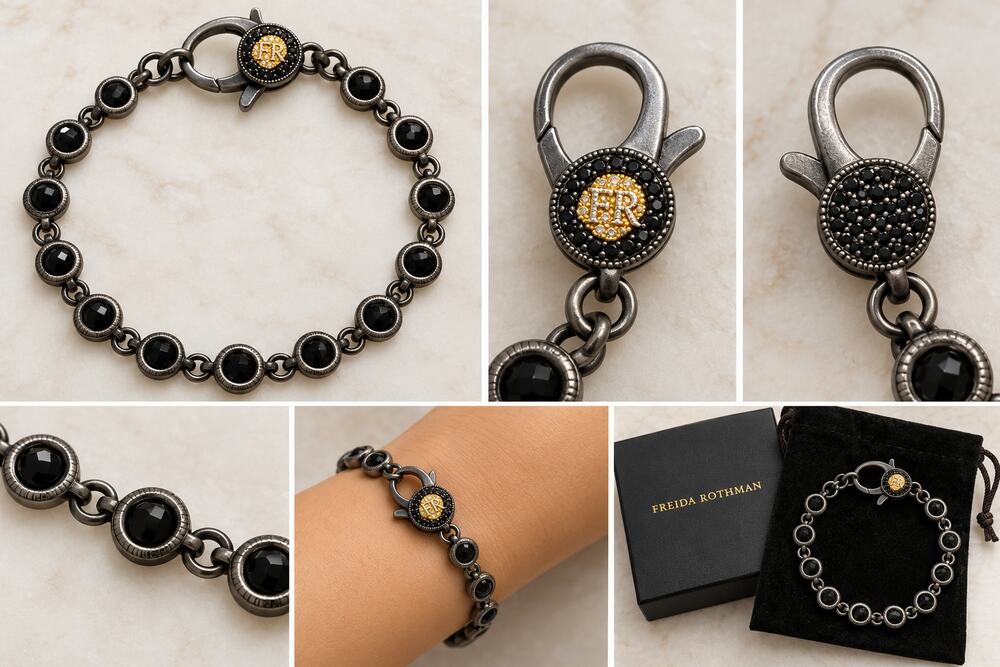 NIB Freida Rothman Black Rhodium Lumi Bracelet Black Stones 7” w/ Box